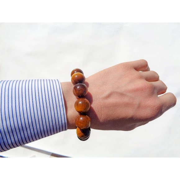 Tigers Eye Bracelet 16 mm Round Beads, Shiny 100% Natural Genuine Tigers Eye - Picture 2 of 4